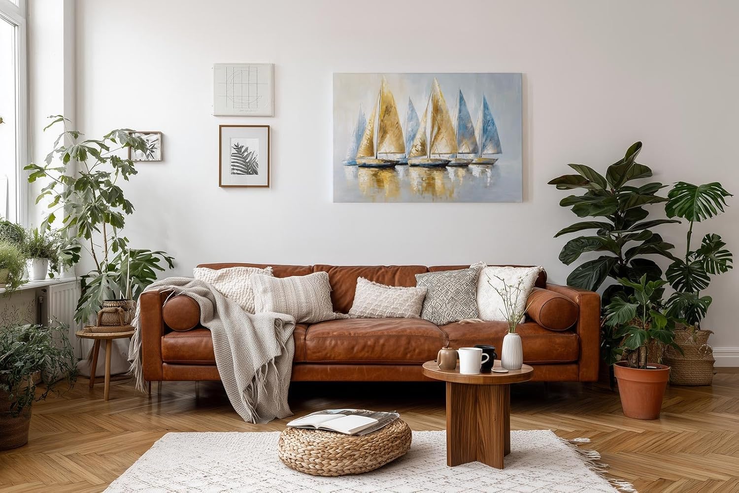 Sinus Art Wandbild 120x80cm Dynamisches Motiv mit sieben Segelbooten in Blau und Goldtönen – stilvoll und maritim zugleich