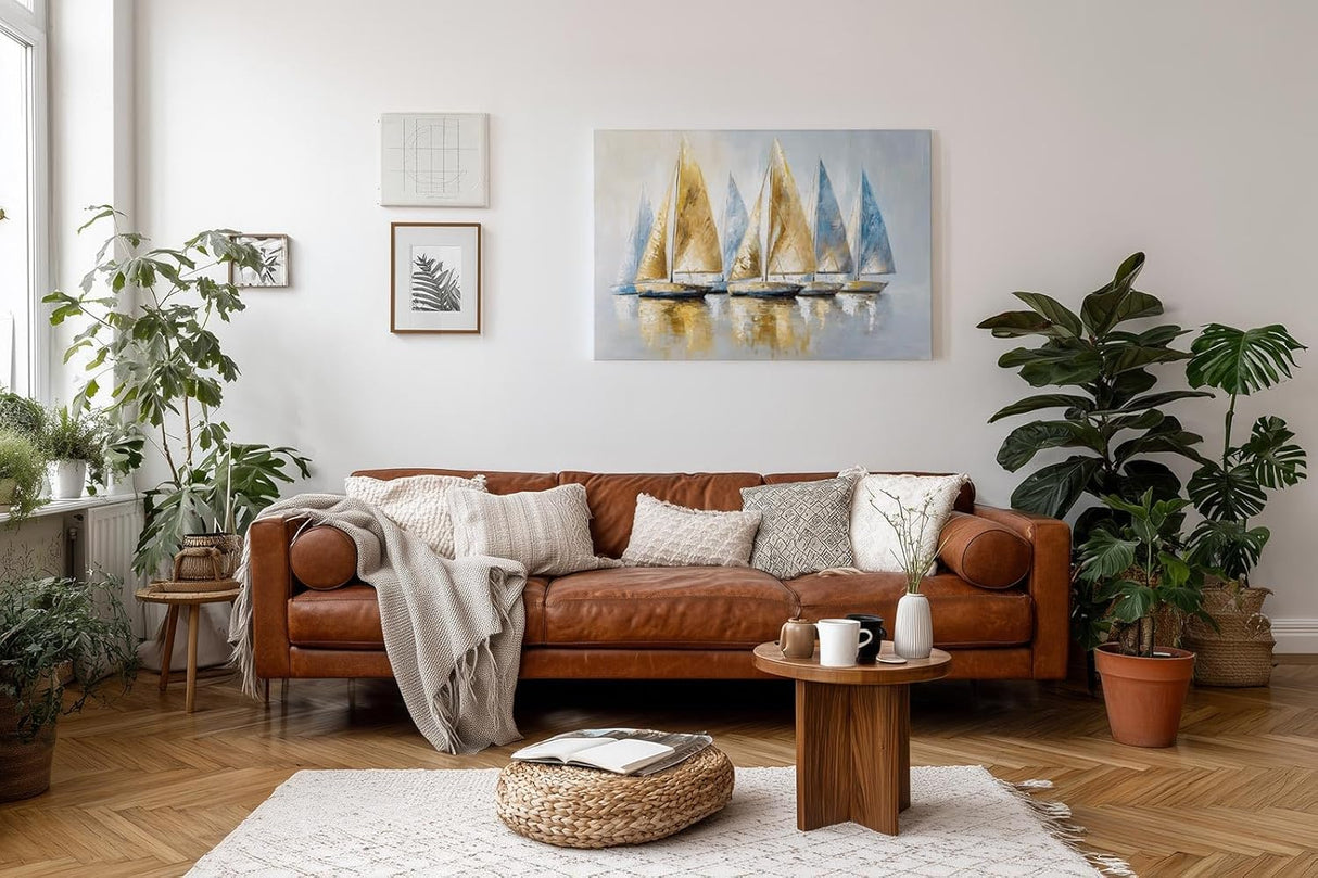 Sinus Art Wandbild 120x80cm Dynamisches Motiv mit sieben Segelbooten in Blau und Goldtönen – stilvoll und maritim zugleich