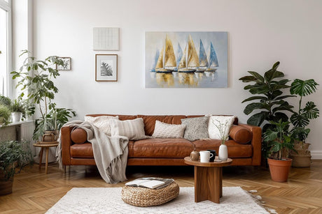 Sinus Art Wandbild 120x80cm Dynamisches Motiv mit sieben Segelbooten in Blau und Goldtönen – stilvoll und maritim zugleich