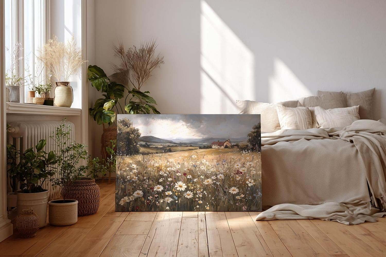Sinus Art Wandbild 120x80cm Sanftes Naturmotiv mit blühender Wiese, Wildblumen und Bauernhof in weiter Hügellandschaft