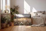 Sinus Art Wandbild 120x80cm Sanftes Naturmotiv mit blühender Wiese, Wildblumen und Bauernhof in weiter Hügellandschaft