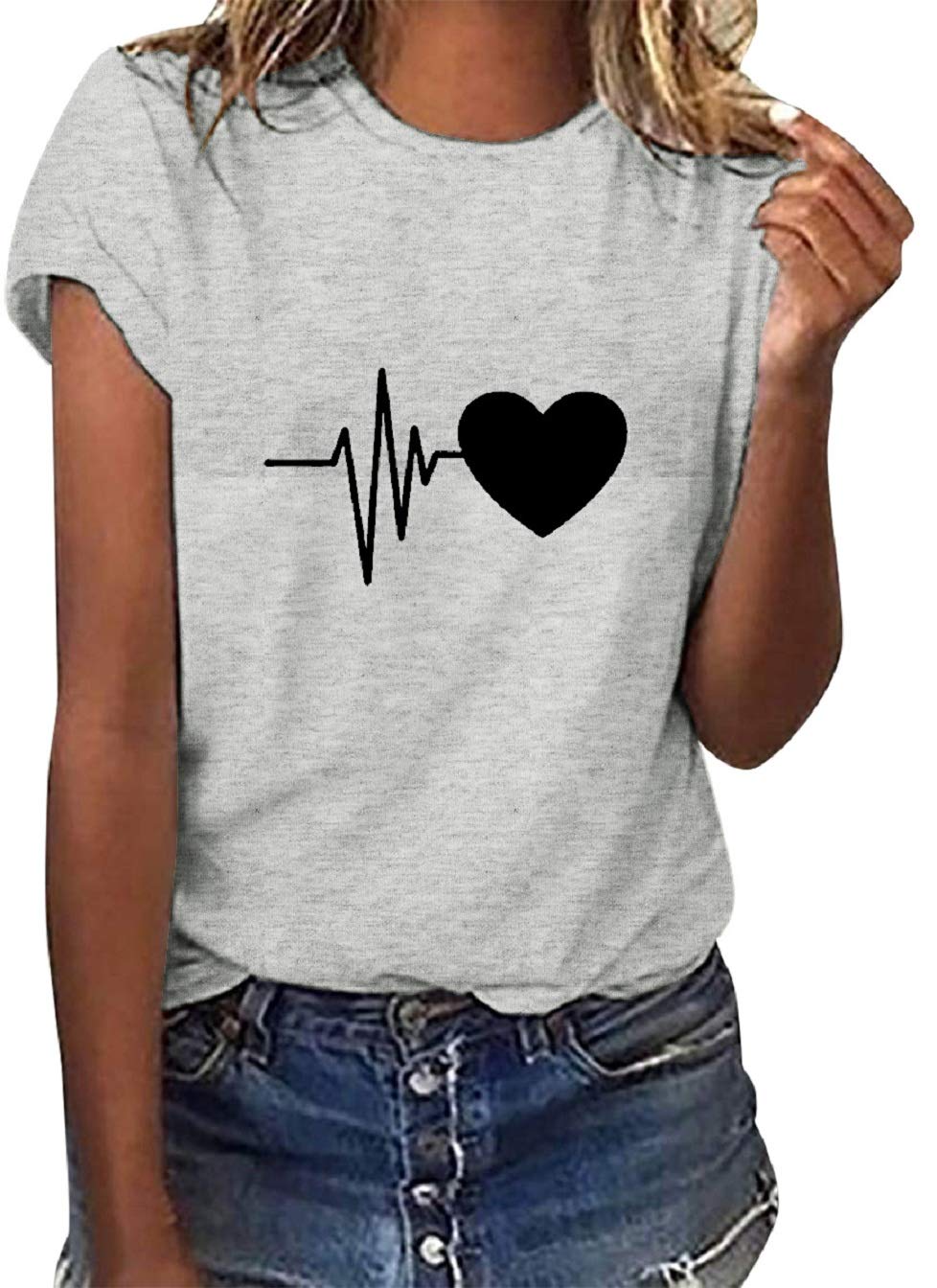Tuopuda T-Shirt Damen Sommer Oberteile Rundhals Kurzärmeliges Print Bluse Basic Shirt Bequem Baumwolle Tunika Tee Tops Schlank Hemd für Frühling Sommer Herbst