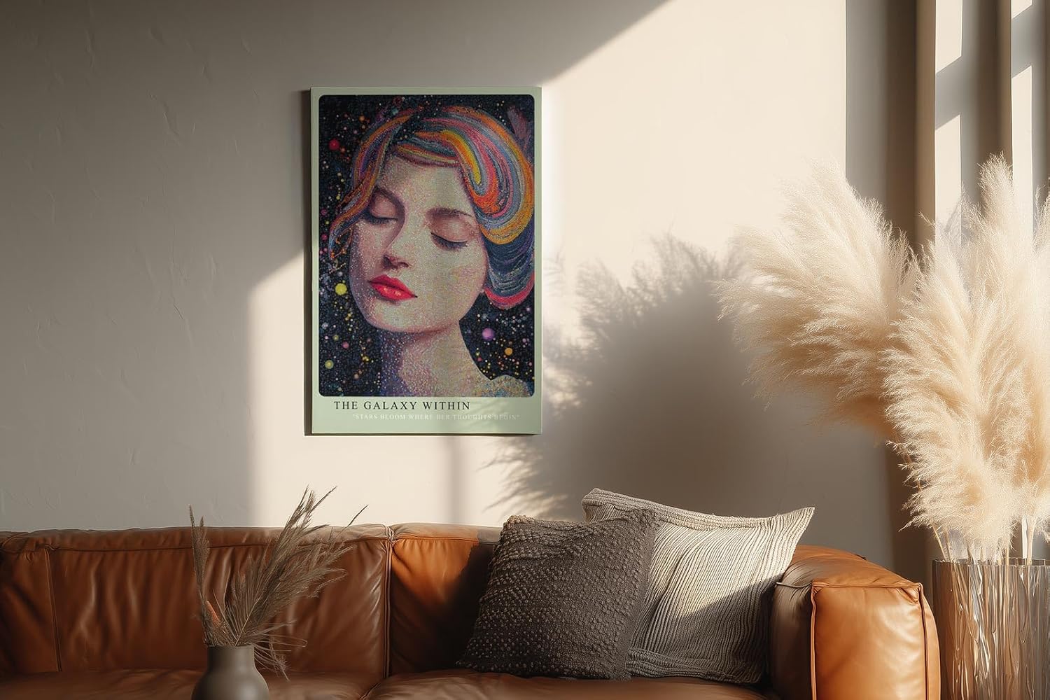 Paul Sinus Wandbild in 40x60cm The Galaxy Within Abstraktes Frauenporträt mit bunten Galaxieelementen im Haar für moderne und traumhafte Raumgestaltung