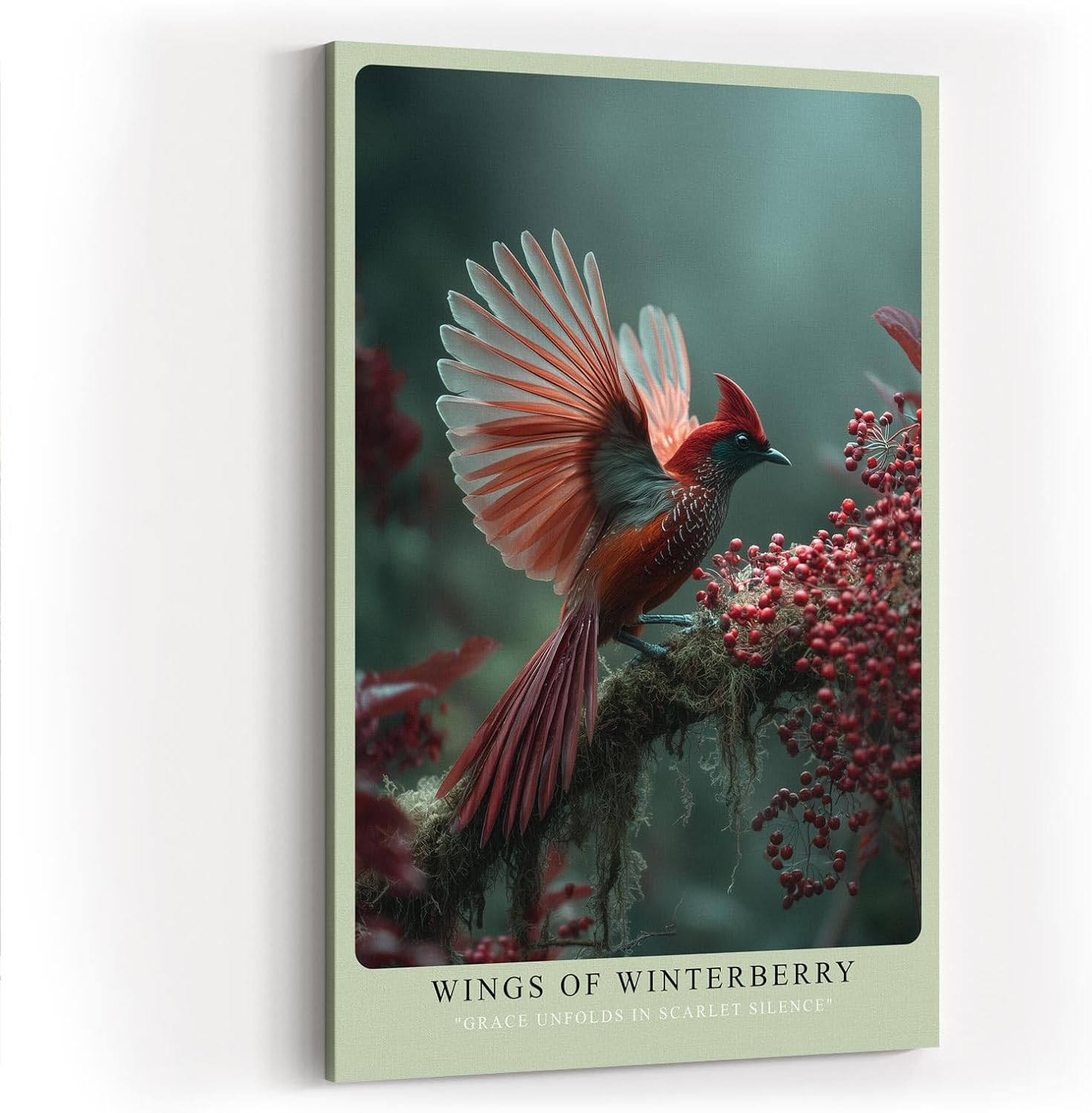 Paul Sinus Wandbild in 40x60cm Wings of Winterberry Eleganter roter Vogel mit ausgebreiteten Flügeln auf Zweig mit Winterbeeren vor sanftem Hintergrund