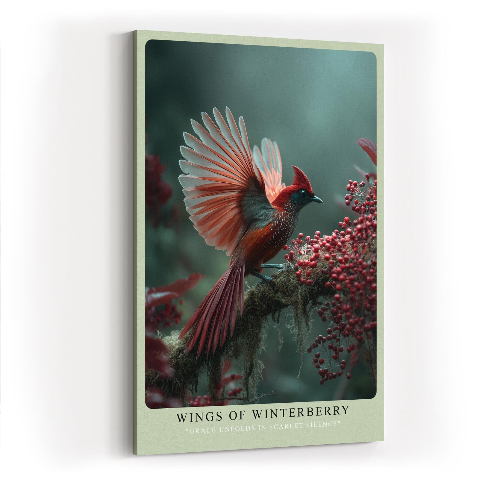 Paul Sinus Wandbild in 40x60cm Wings of Winterberry Eleganter roter Vogel mit ausgebreiteten Flügeln auf Zweig mit Winterbeeren vor sanftem Hintergrund