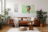 Sinus Art Wandbild 120x80cm Leuchtend blauer Eisvogel auf Ast vor ruhigem Hintergrund – naturgetreue Darstellung