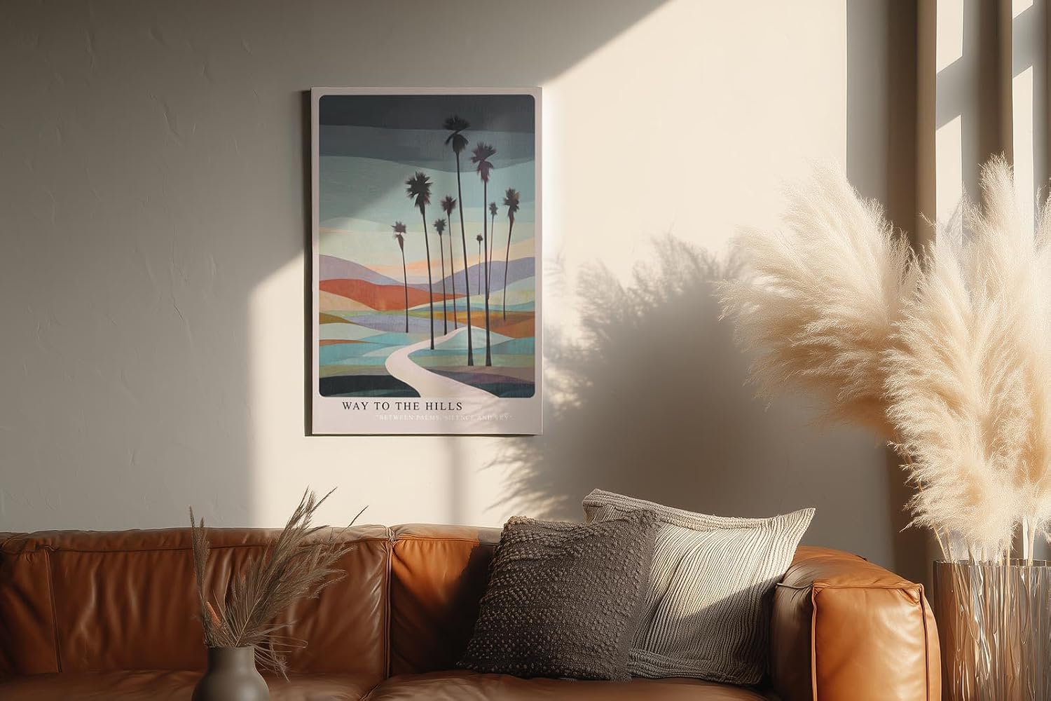 Paul Sinus Wandbild in 40x60cm Way to the Hills – stilisierte Palmenlandschaft mit geschwungenem Weg, moderne Kunst in sanften Pastelltönen