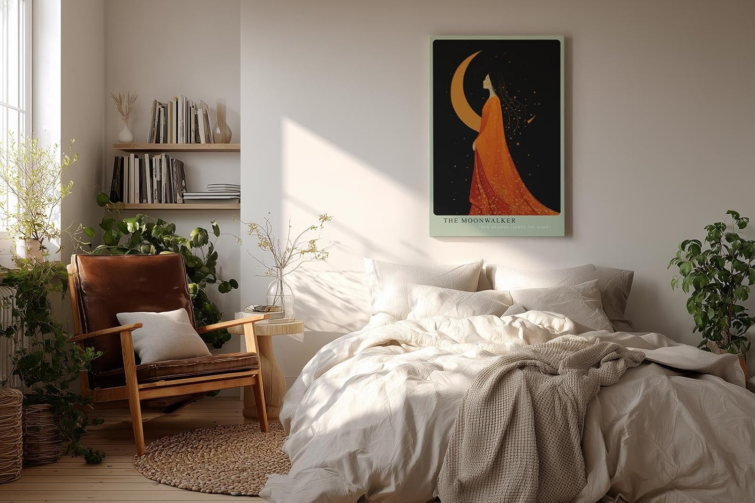 Paul Sinus Wandbild in 40x60cm The Moonwalker Illustration einer Frau im orangefarbenen Kleid vor Mondsichel mit eleganter, verträumter Ausstrahlung