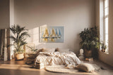 Sinus Art Wandbild 120x80cm Dynamisches Motiv mit sieben Segelbooten in Blau und Goldtönen – stilvoll und maritim zugleich