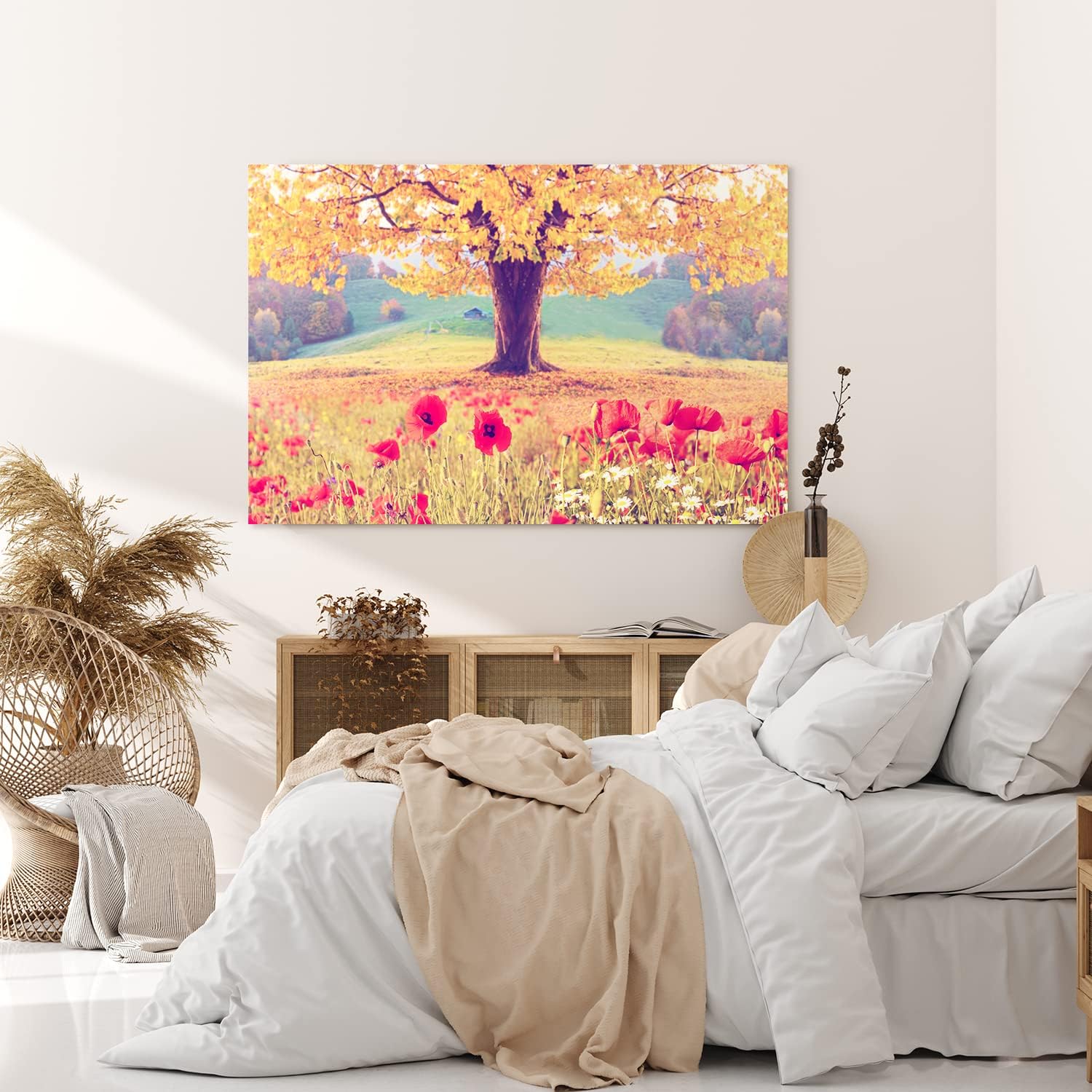 Wandbild 120x80cm Baum Eiche Rote Blumen Blüten Sommer Natur Wildblumen