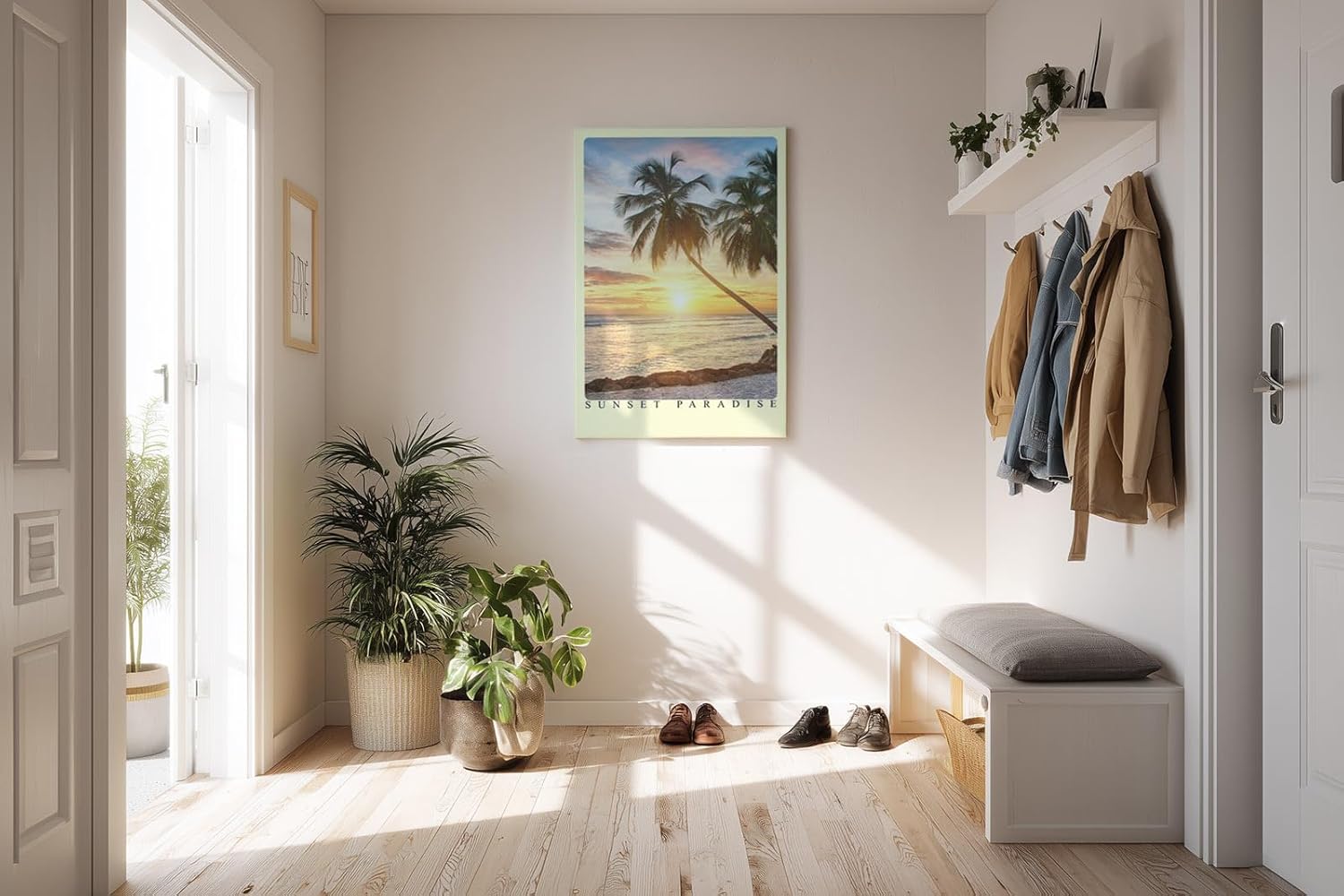 Paul Sinus Kunstdruck 40x60cm Sunset Paradise – Palmen bei Sonnenuntergang an tropischem Strand mit warmem Licht