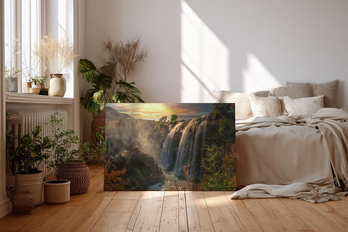 Sinus Art Wandbild 120x80cm Wasserfall-Szenerie im warmen Licht des Sonnenuntergangs mit lebendiger Vegetation
