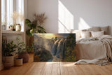 Sinus Art Wandbild 120x80cm Wasserfall-Szenerie im warmen Licht des Sonnenuntergangs mit lebendiger Vegetation