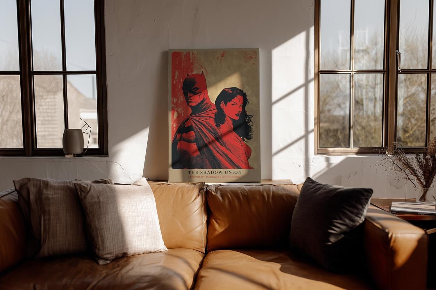 Paul Sinus Wandbild in 40x60cm The Shadow Union – Batman und mysteriöse Frau in intensiver roter Komposition, ausdrucksstarkes Pop-Art-Design für moderne Räume
