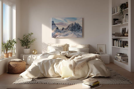 Sinus Art Wandbild 120x80cm Imposante Schneelandschaft mit Sonnenlicht auf Gipfeln für klare und ruhige Raumwirkung
