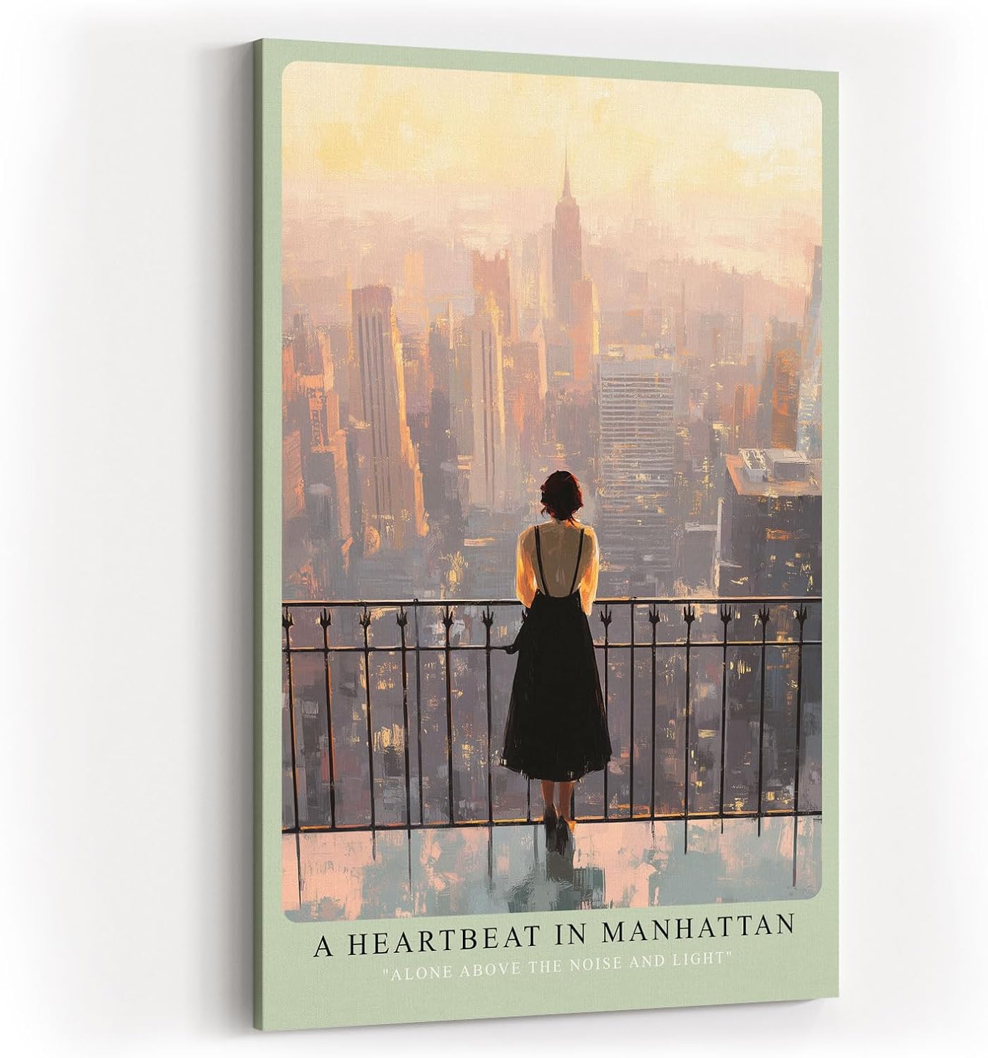Paul Sinus Wandbild in 40x60cm A Heartbeat in Manhattan – Frau auf Balkon mit Blick auf New Yorker Skyline im Abendlicht, stimmungsvolles Stadtmotiv