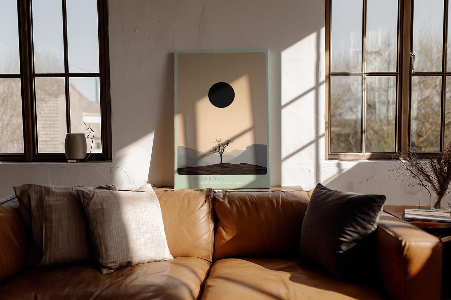 Paul Sinus Wandbild in 40x60cm Schwarze Sonne über karger Landschaft mit Baum und Gebirgssilhouette