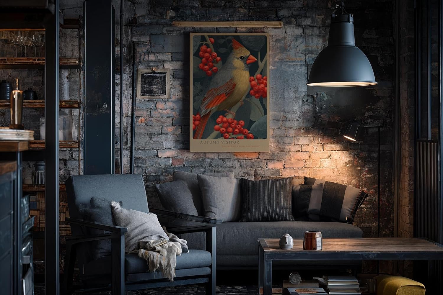 Paul Sinus Wandbild in 40x60cm Autumn Visitor – Detailreiche Darstellung eines farbenprächtigen Vogels zwischen leuchtend roten Beerenzweigen