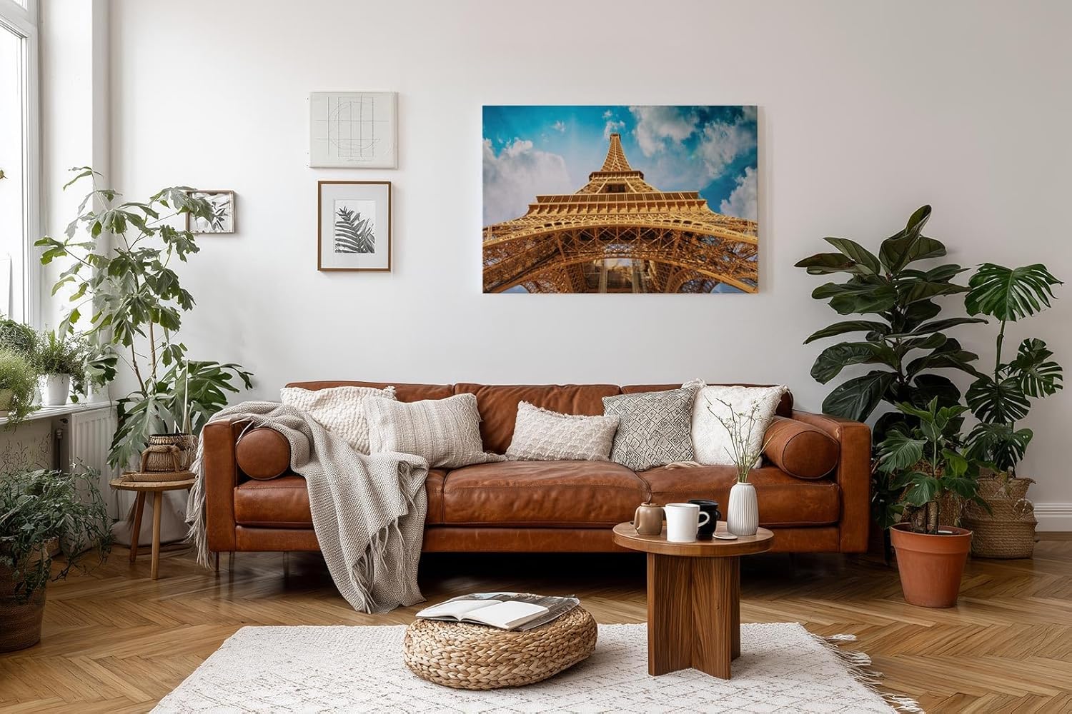 Sinus Art Wandbild 120x80cm Atemberaubende Perspektive auf den Eiffelturm mit imposanter Himmelsszenerie