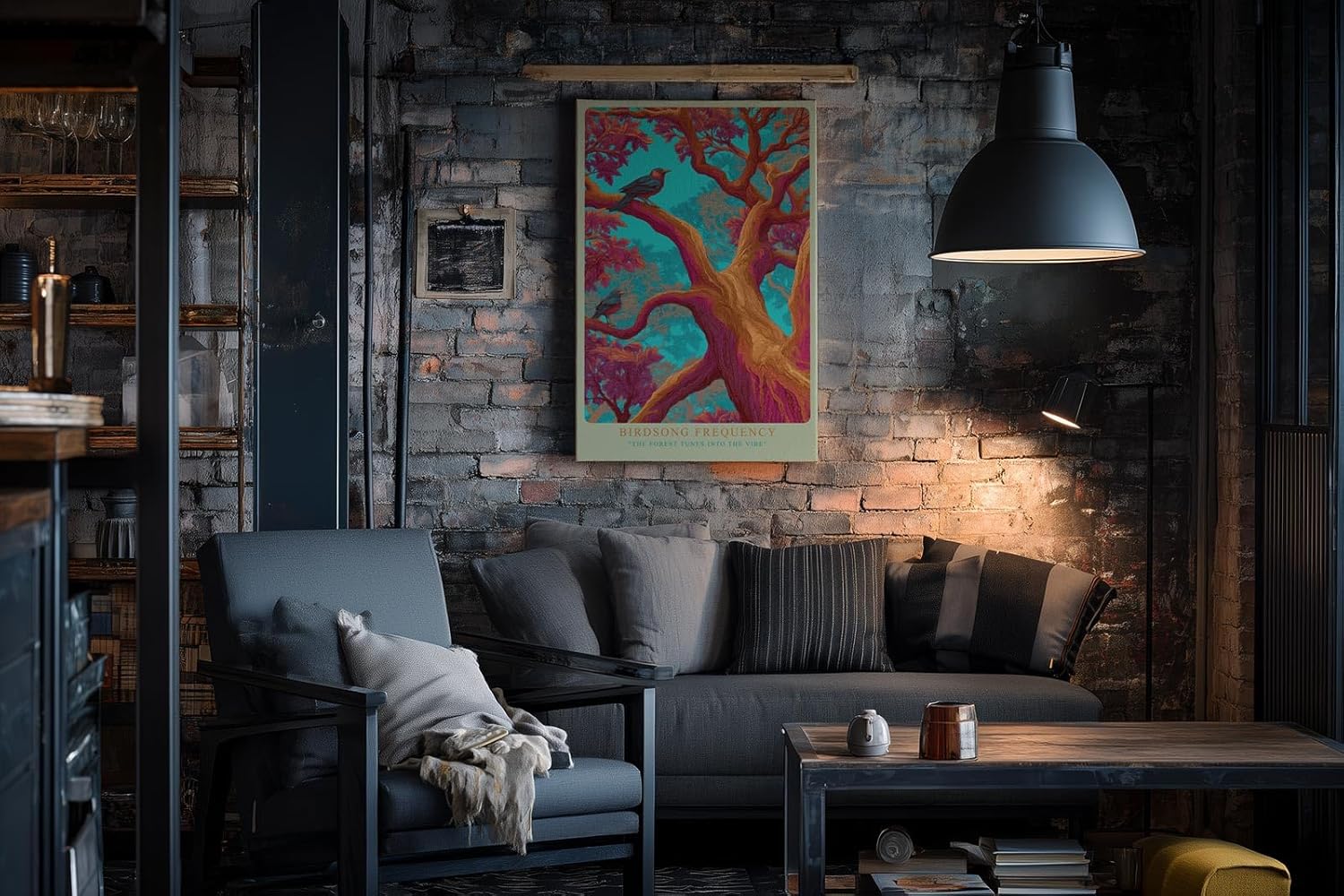 Paul Sinus Wandbild in 40x60cm Bunte Vögel in farbintensivem Baum – surrealistisches Kunstwerk mit kräftigen Kontrasten und leuchtenden Details