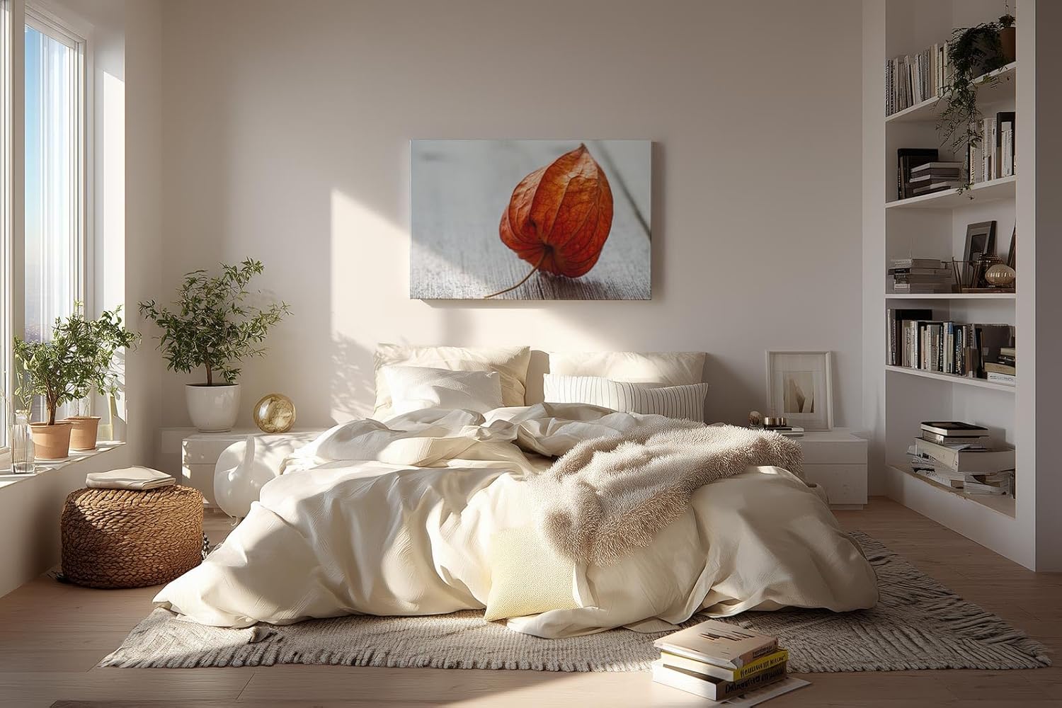 Sinus Art Wandbild 120x80cm Ruhiges Naturmotiv mit physalisähnlicher Blüte auf rustikalem Holzuntergrund