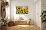 Sinus Art Wandbild 120x80cm Sonnenblumen in voller Blüte unter strahlender Sonne mit tiefer Perspektive