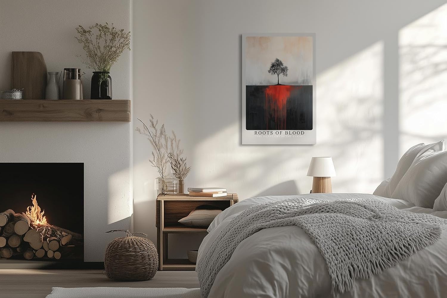 Paul Sinus Leinwandbild 80x120cm Roots of Blood – Symbolischer Baum mit dramatischen roten Wurzeln auf abstrakter Leinwand