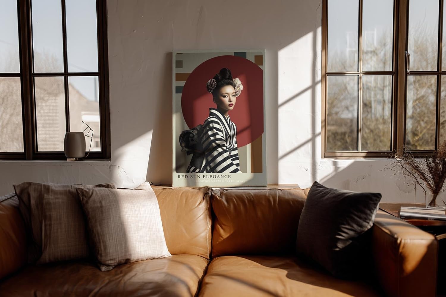 Paul Sinus Wandbild in 40x60cm Red Sun Elegance Porträt einer Frau im gestreiften Kimono vor rotem Kreis mit floralen Haarakzenten für elegante Raumgestaltung