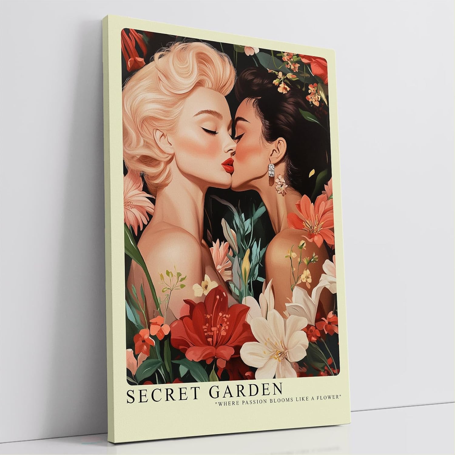 Paul Sinus Leinwandbild 80x120cm Geheimer Garten – Ausdrucksstarke Illustration zweier Frauen in inniger Verbindung, umgeben von floraler Pracht