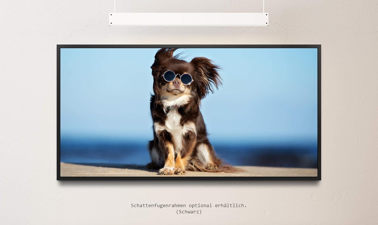 Hund mit Sonnenbrille ca. 130x70cm Wandbild inklusive Schattenfugenrahmen schwarz - Panorama Leinwand Bild XXL Format Wandbilder Wohnzimmer Wohnung Deko Kunstdrucke