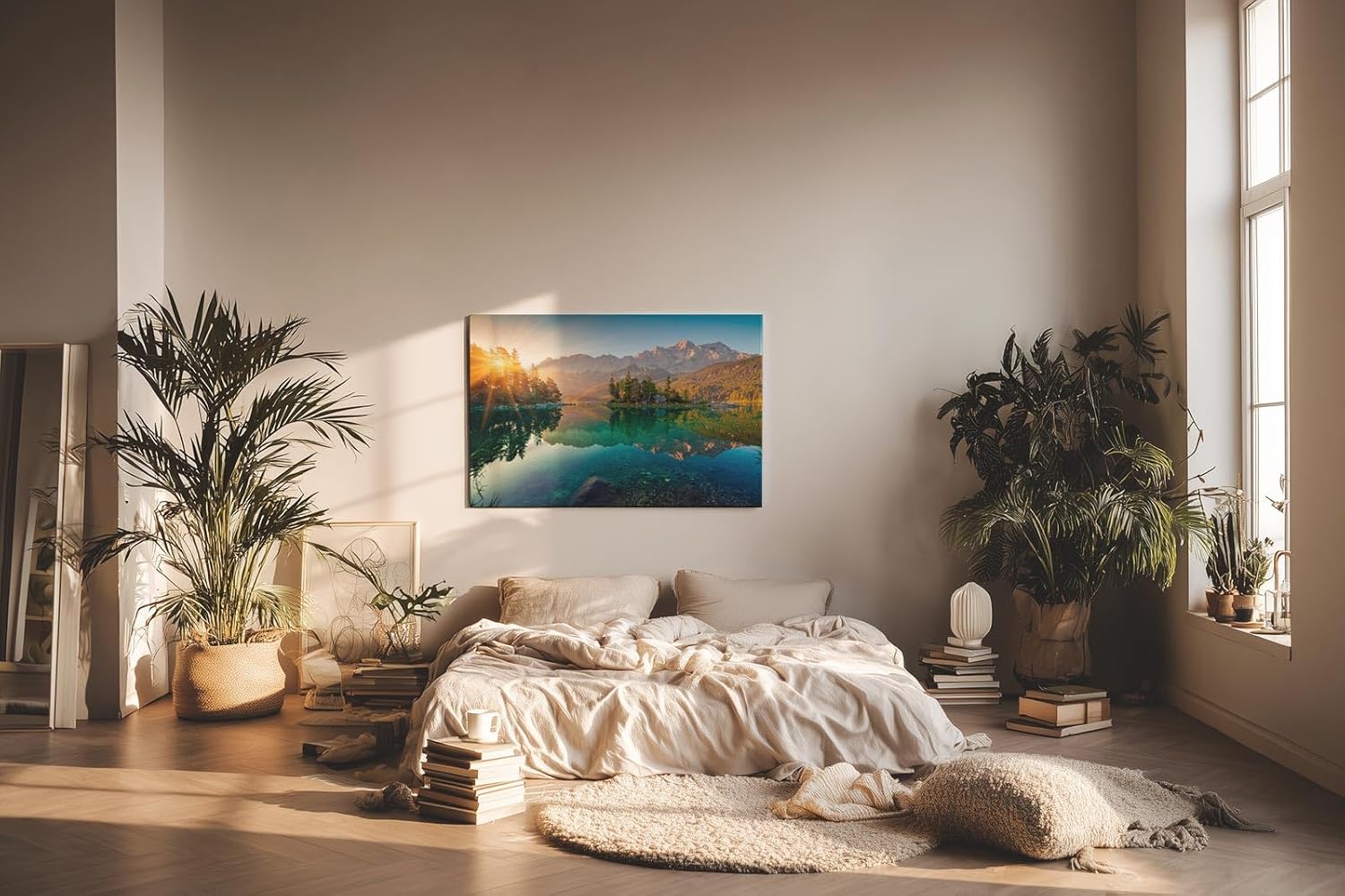 Sinus Art Wandbild 120x80cm Stimmungsvolles Bergmotiv mit Spiegelung im See und Sonnenaufgang für naturnahe Atmosphäre