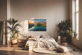 Sinus Art Wandbild 120x80cm Stimmungsvolles Bergmotiv mit Spiegelung im See und Sonnenaufgang für naturnahe Atmosphäre