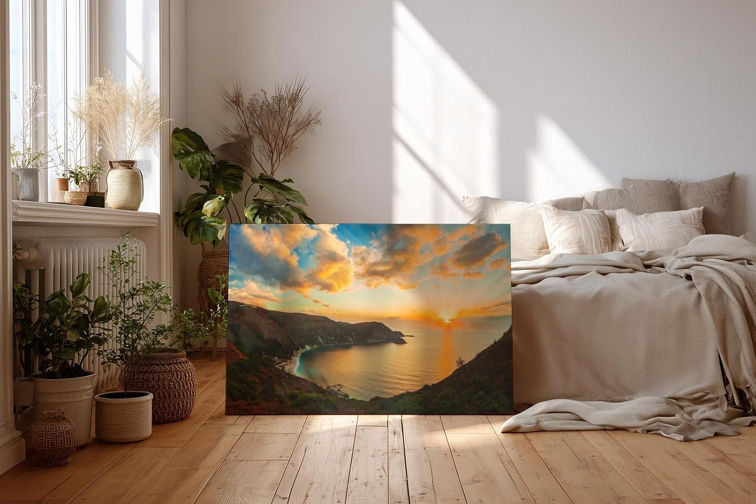 Sinus Art Wandbild 120x80cm Atemberaubender Sonnenuntergang über Küstenlinie mit weichem Farbverlauf