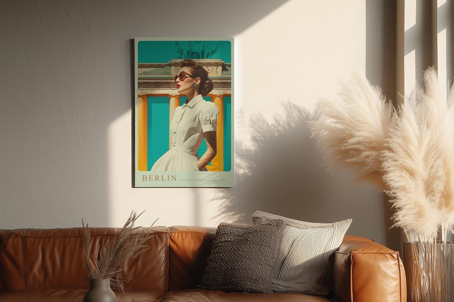 Paul Sinus Wandbild in 40x60cm Berlin – modebewusste Frau vor dem Brandenburger Tor in kräftigen Farben