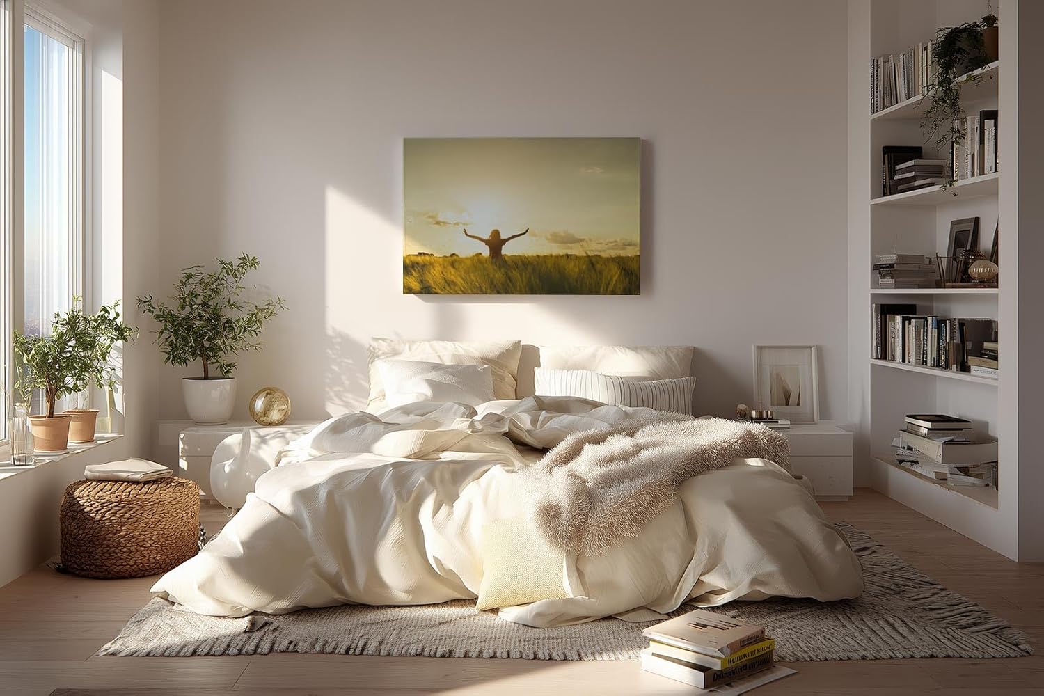Sinus Art Wandbild 120x80cm Stimmungsvolle Silhouette einer Frau mit erhobenen Armen in einem goldenen Weizenfeld