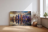 Sinus Art Wandbild 120x80cm Moderne Skyline spiegelt sich im Wasser bei untergehender Sonne – urbanes Highlight