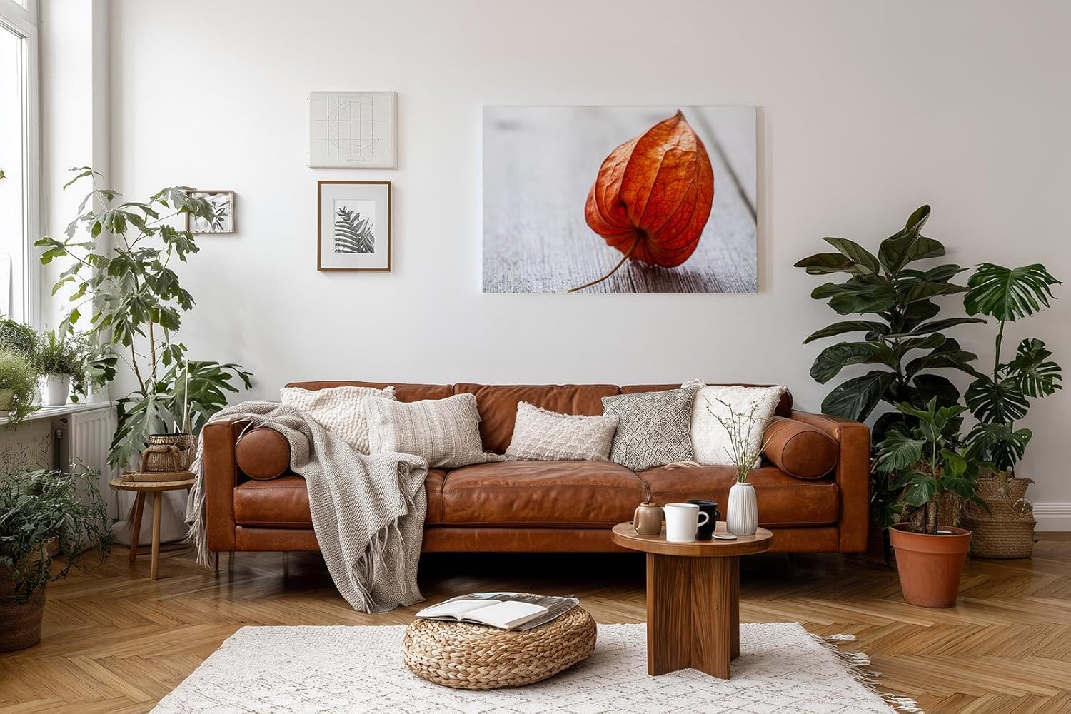 Sinus Art Wandbild 120x80cm Ruhiges Naturmotiv mit physalisähnlicher Blüte auf rustikalem Holzuntergrund