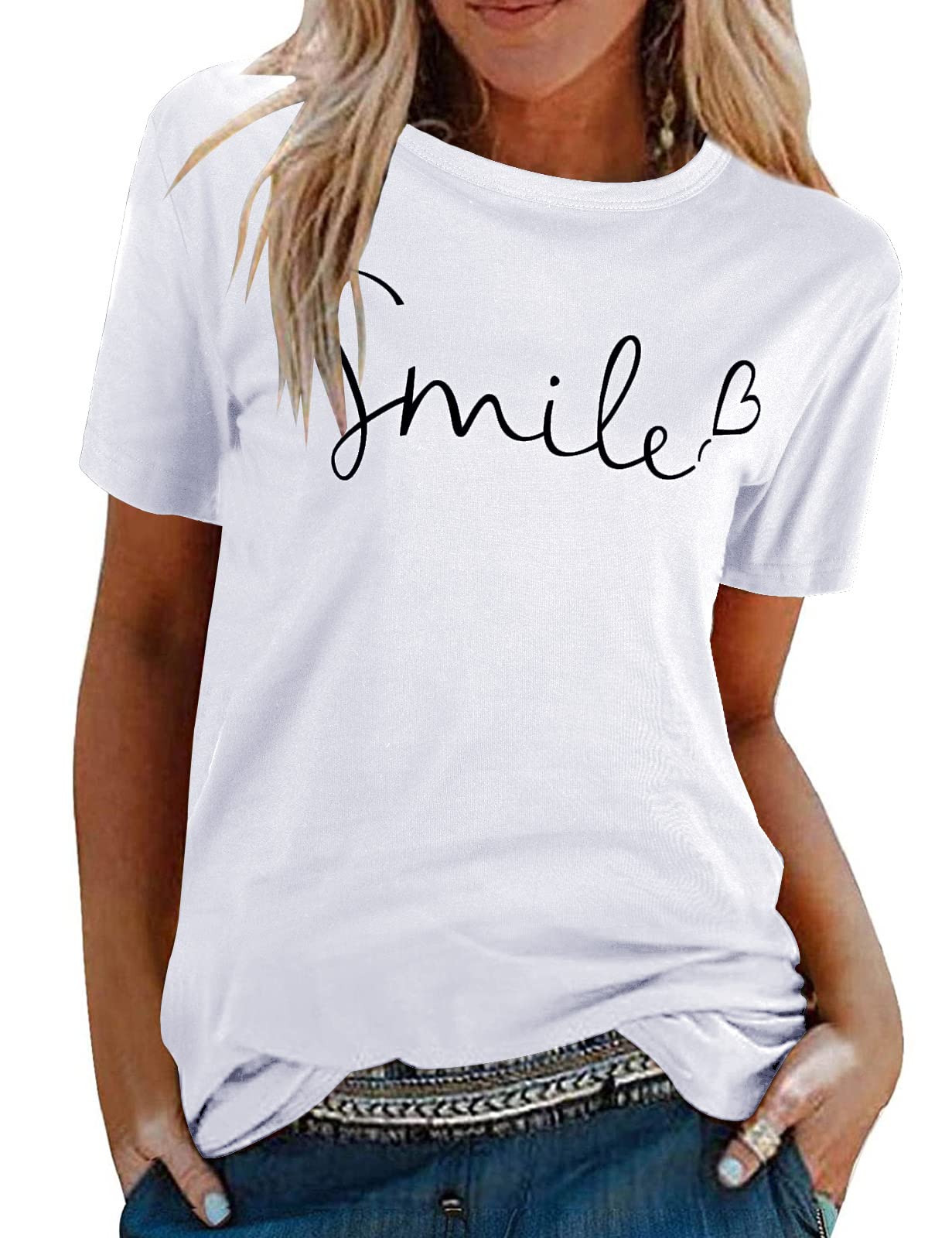 Tuopuda T-Shirt Damen Sommer Oberteile Rundhals Kurzärmeliges Print Bluse Basic Shirt Bequem Baumwolle Tunika Tee Tops Schlank Hemd für Frühling Sommer Herbst