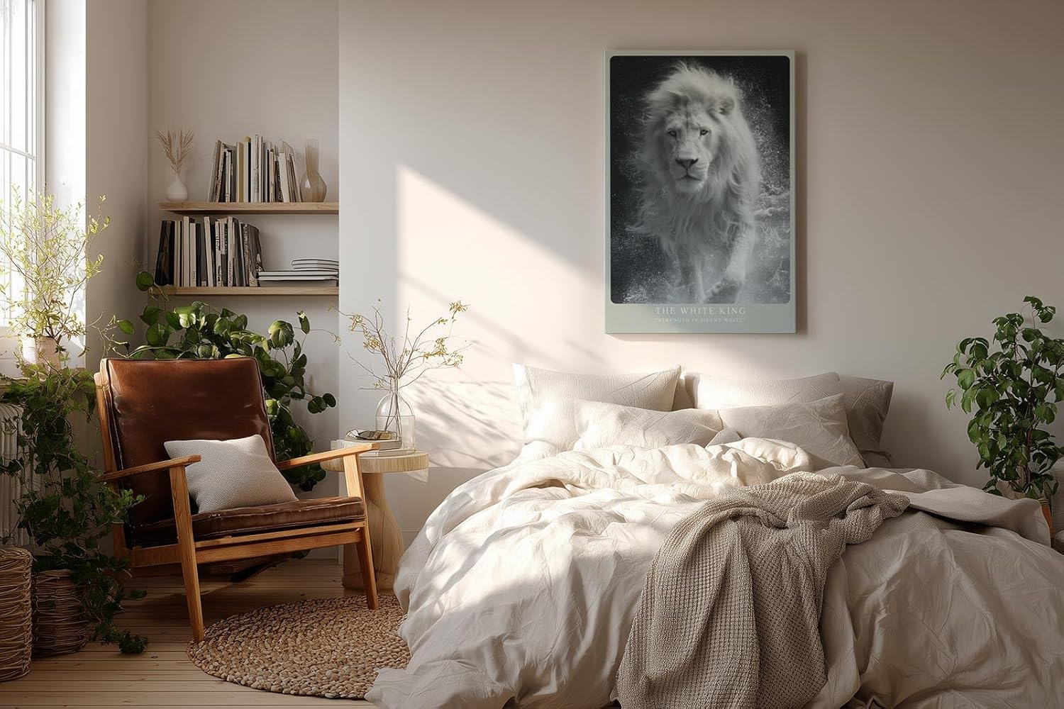 Paul Sinus Wandbild in 40x60cm The White King Weißer Löwe in frontaler Pose mit Wasserbewegung in monochromer Darstellung