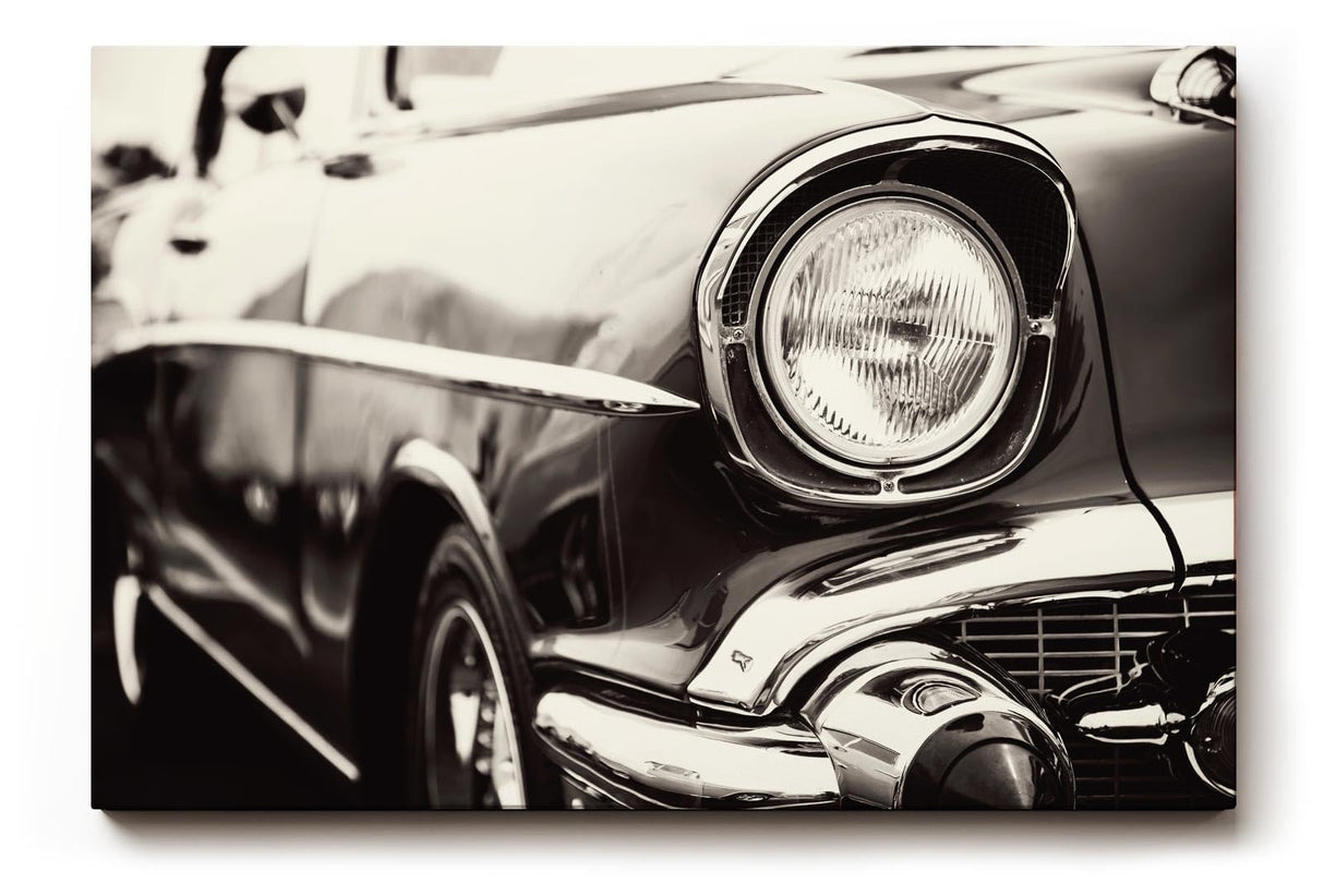 Sinus Art Wandbild 120x80cm Ästhetische Nahaufnahme eines ikonischen Oldtimers mit glänzendem Chrom