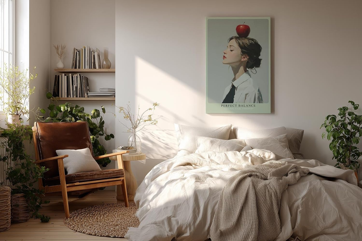 Paul Sinus Wandbild in 40x60cm Perfect Balance – Minimalistisches Porträt einer jungen Frau mit Apfel auf dem Kopf, seitliches Profil, moderne Bilder mit klaren Linien, stilvoll und symbolträchtig