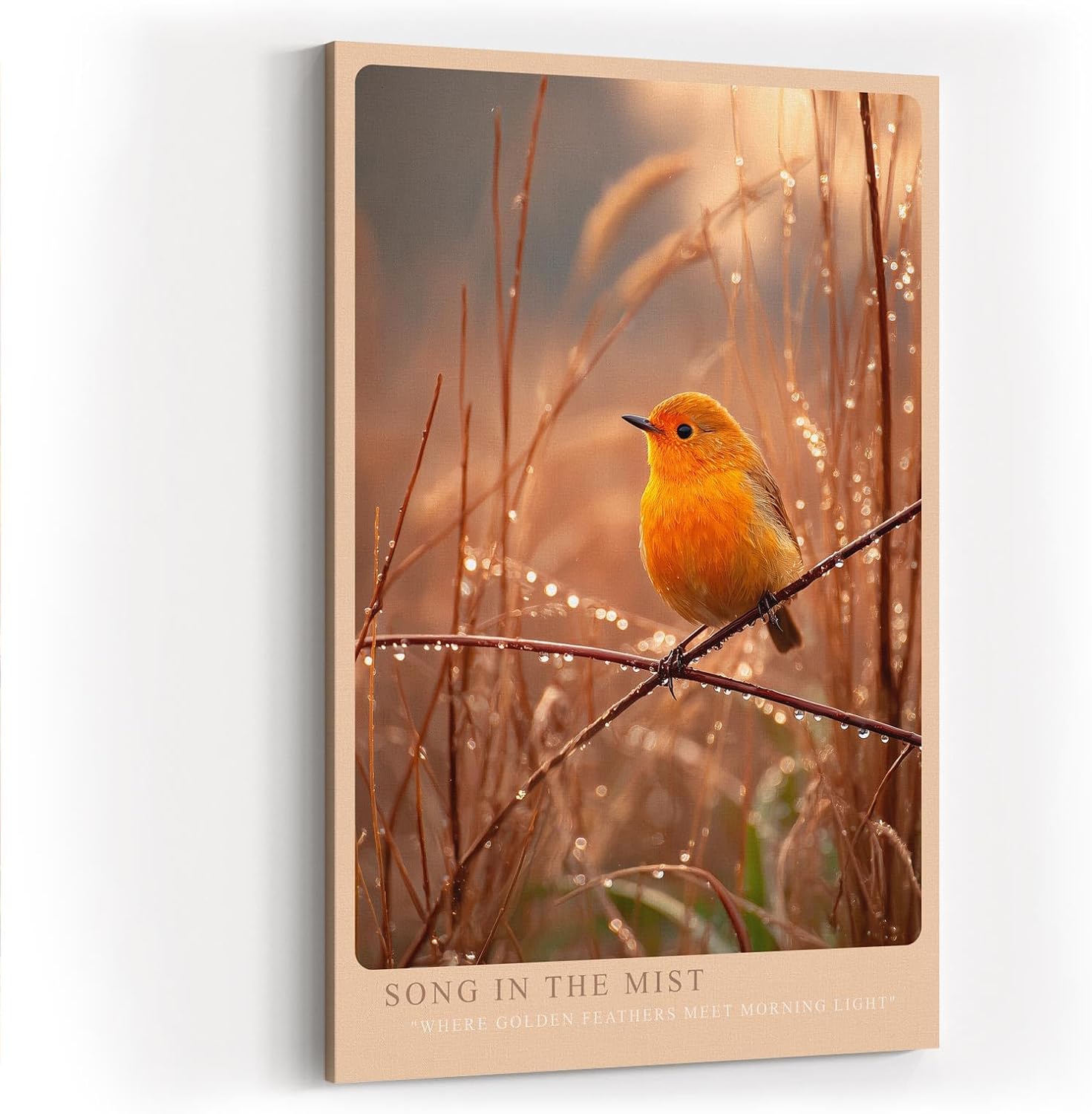 Paul Sinus Wandbild in 40x60cm Oranger Singvogel im Morgentau mit goldener Lichtstimmung