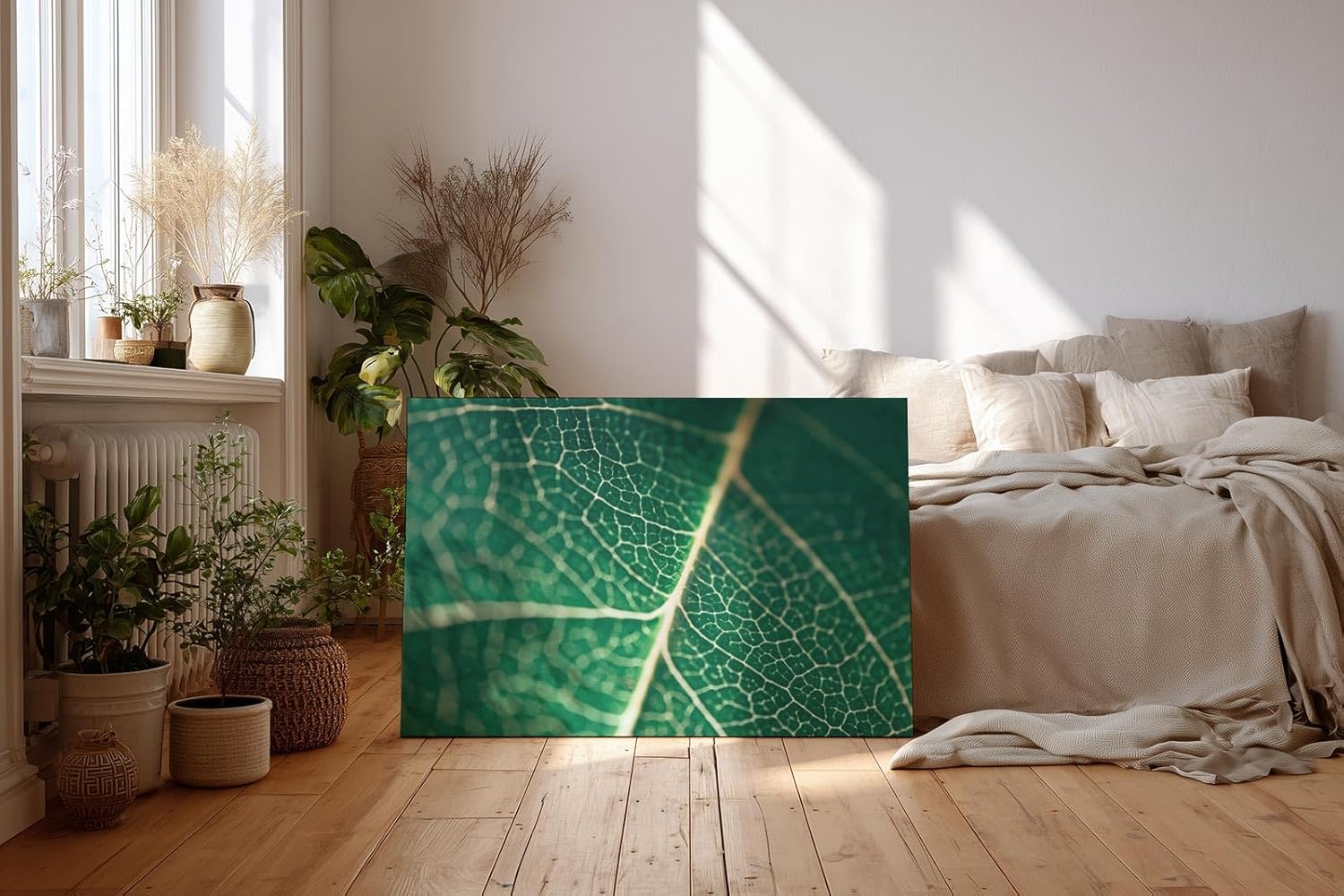 Sinus Art Wandbild 120x80cm Makroaufnahme eines grünen Blattes mit klarer Aderstruktur – faszinierend natürlich