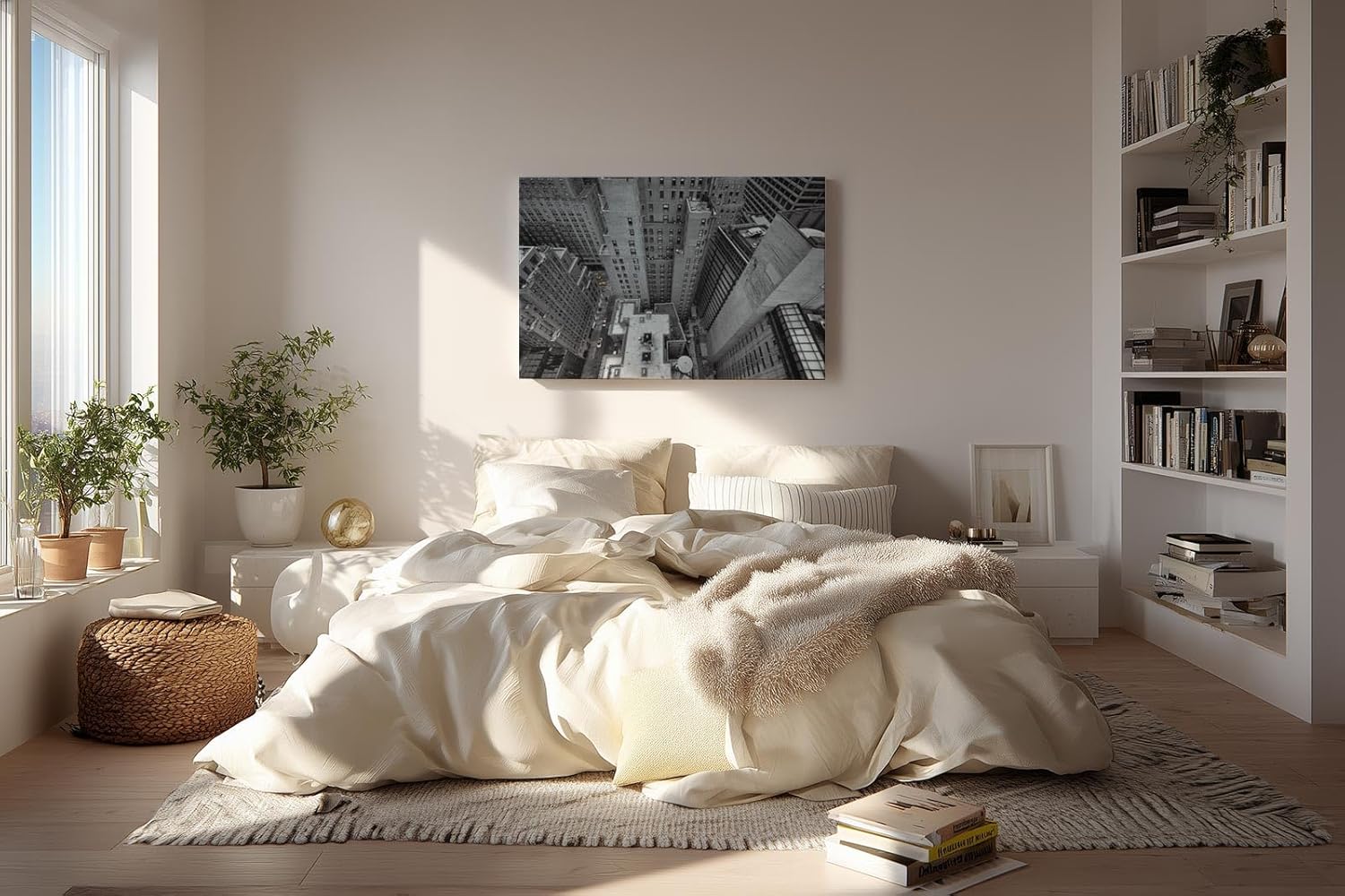 Sinus Art Wandbild 120x80cm Atemberaubende Ansicht einer Metropole aus der Vogelperspektive in Schwarzweiß mit gelben Taxis