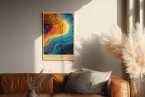 Paul Sinus Wandbild in 40x60cm The Vibrant Current – Abstrakte Farbströme in leuchtendem Blau, Orange und Gelb, inspiriert von kosmischen Bewegungen und kreativer Energie