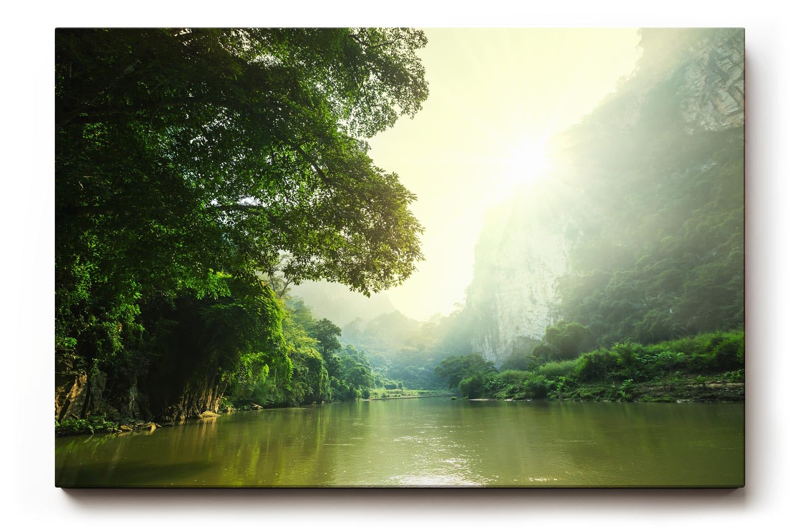 Sinus Art Wandbild 120x80cm Stimmungsvoller Flusslauf im Tal mit Sonnenaufgang und dichter Vegetation