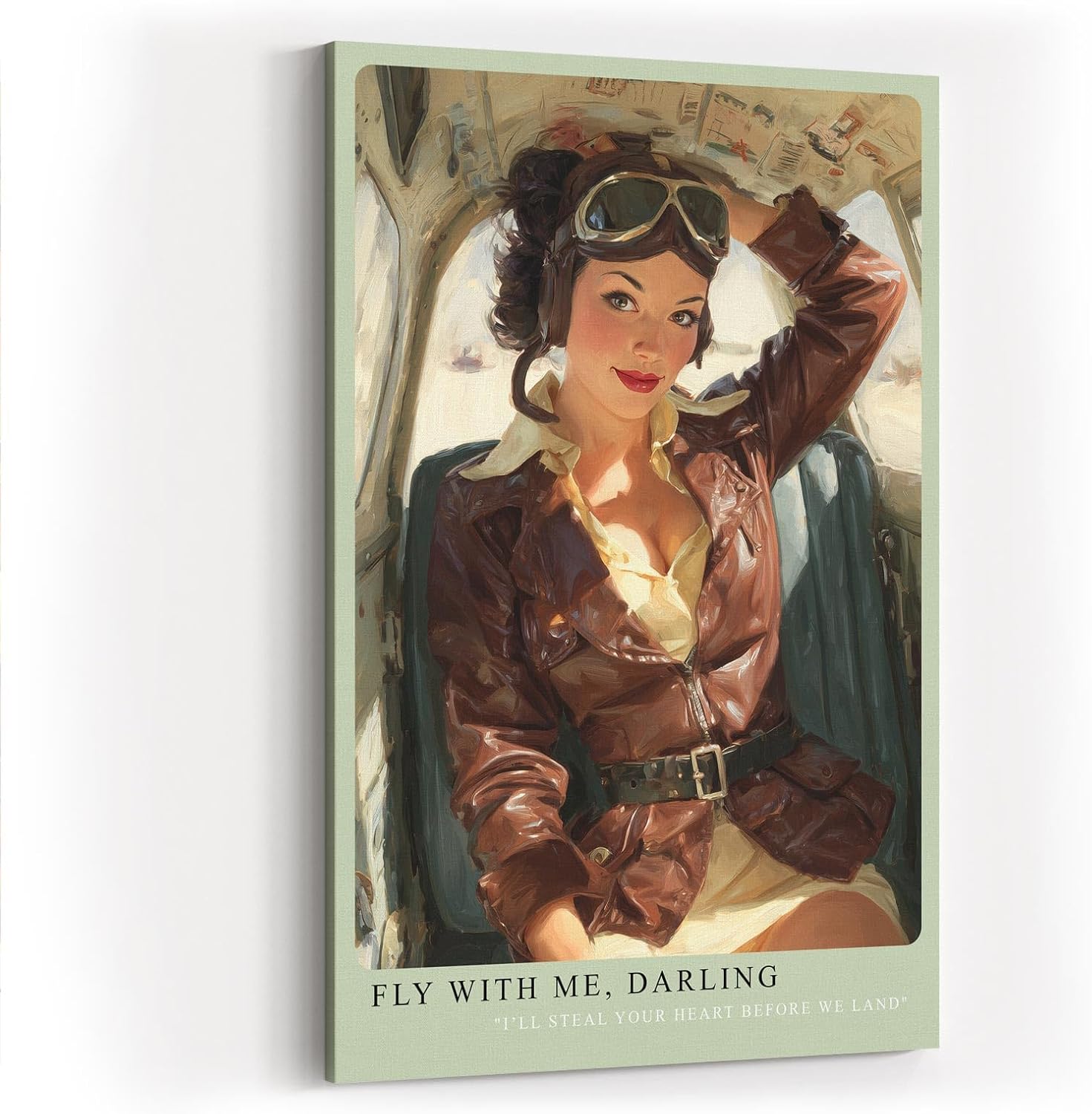 Paul Sinus Wandbild in 40x60cm Fly With Me, Darling – Pin-up-Pilotin im Cockpit mit Lederjacke und Fliegerbrille