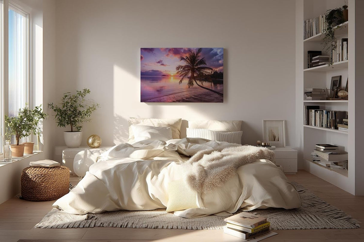 Sinus Art Wandbild 120x80cm Strandmotiv mit Sonnenuntergang und Palme vermittelt Urlaubsstimmung und Harmonie
