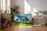 Sinus Art Wandbild 120x80cm Weite Almwiese mit dramatischer Bergkulisse und Hütten – frisch, ehrlich, kraftvoll