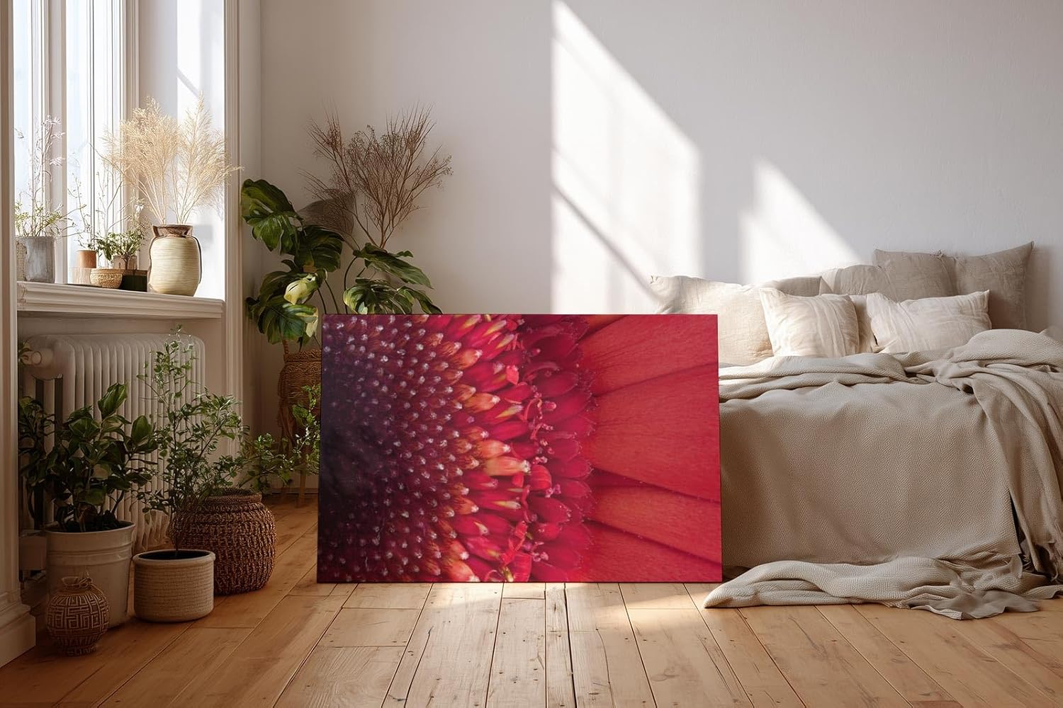 Sinus Art Wandbild 120x80cm Faszinierende Nahaufnahme einer roten Blüte mit klar erkennbarer Struktur und Tiefenwirkung
